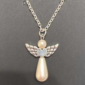 Clearance Sale Faux pearl white handcrafted angel necklace silver plated chain